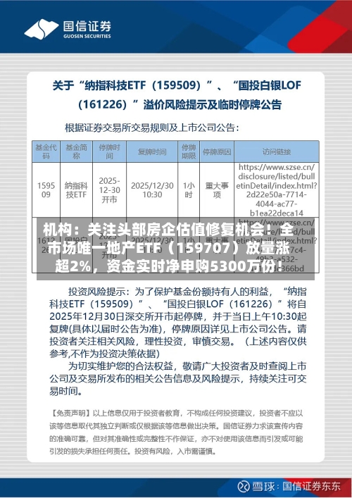 机构：关注头部房企估值修复机会！全市场唯一地产ETF（159707）放量涨超2%，资金实时净申购5300万份！